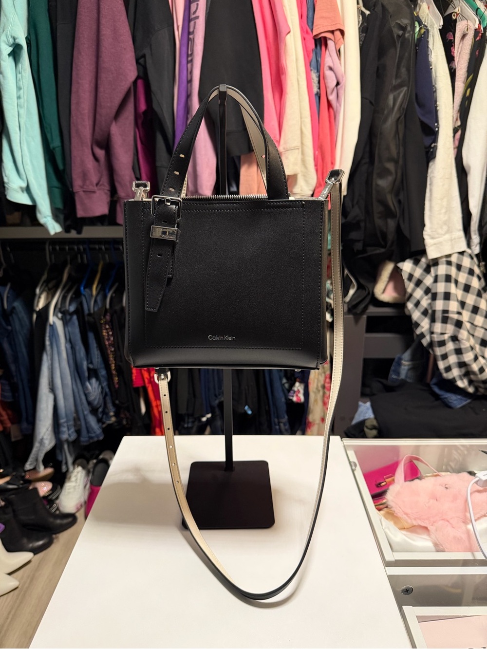 Calvin Klein Black Leather Top-Handle Crossbody with Contrast Strap